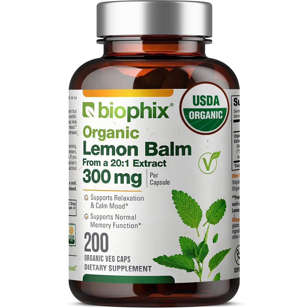 biophix Lemon Balm kapsule USDA Organic 20:1 Extract 300 mg 200 Veggie Caps - Cognitive Health Stres Support Sleep Mood Natural Zeliščni dodatek