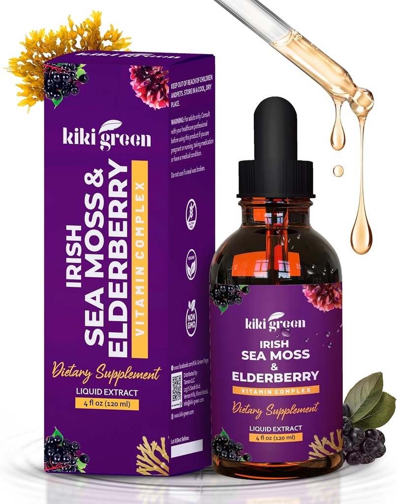 KIKI Green Liquid Irish Sea Moss + Elderberry Drops - Ultra Concentrated Sea Moss dodatek iz Raw Sea Moss in Elderberry za podporo imunskega, zdravstveno podporo, 2 Fl Oz