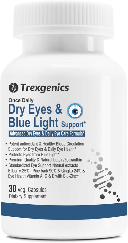 Trexgetics Suhe oči in modra svetloba podpora enkrat dnevno Vegetarijanska Formula z Lutein 10mg, Zeaksantin 2mg, borovnice, Ginkgo, Pine Bark, Vitamin C, cink in vitamin A (30 Veg kapsule)