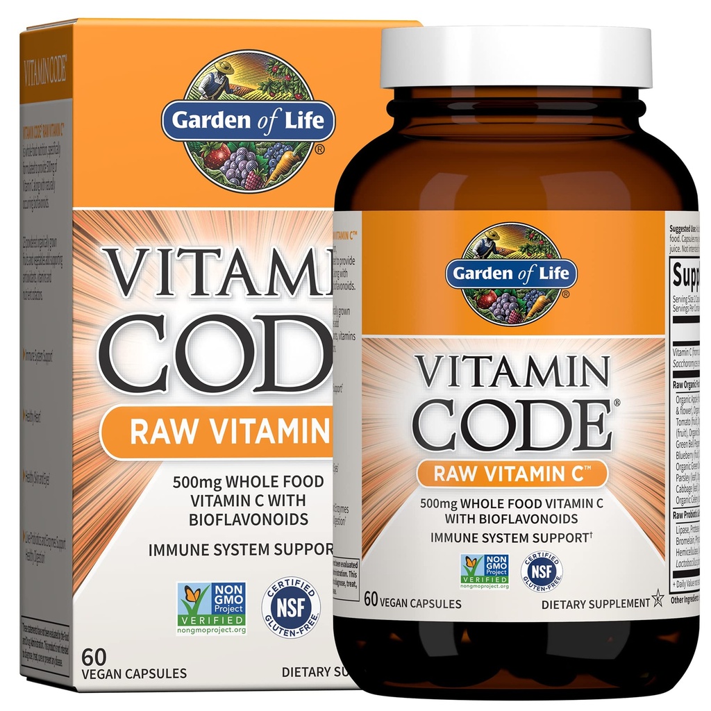 Vrt življenja Vitaminska koda Surovi vitamin C - 60 Kapsule, 500mg Cela hrana Vitamin C Kapsule + Sadje in zelenjava Mešanica & probiotiki, Dodatki za odrasle, Vegan, Gluten brez