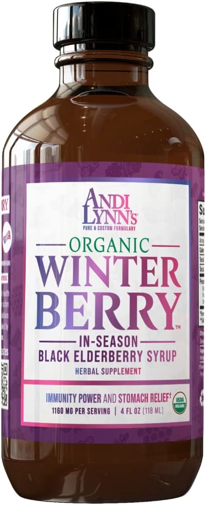 Andi Lynn's Winterberry Black Elderberry Syrup - Vključuje črne jerebice, cimet, ingver, med in limono - Imunska podpora za celotno družino - Organic & Great Degusting Syrup 4oz