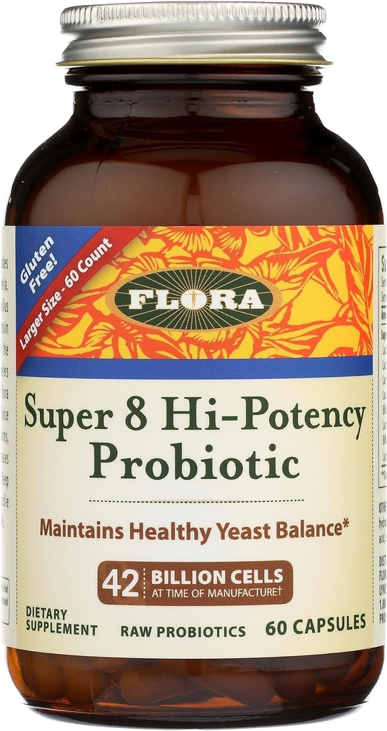 Flora - Super 8 Hi Potency Probiotics 60 Count - zdravo Yast Balance & Prebavna zdravje - za moške in ženske - 42 milijard CFU, Surovo, Gluten brezplačno - Do 2 mesecev dobave