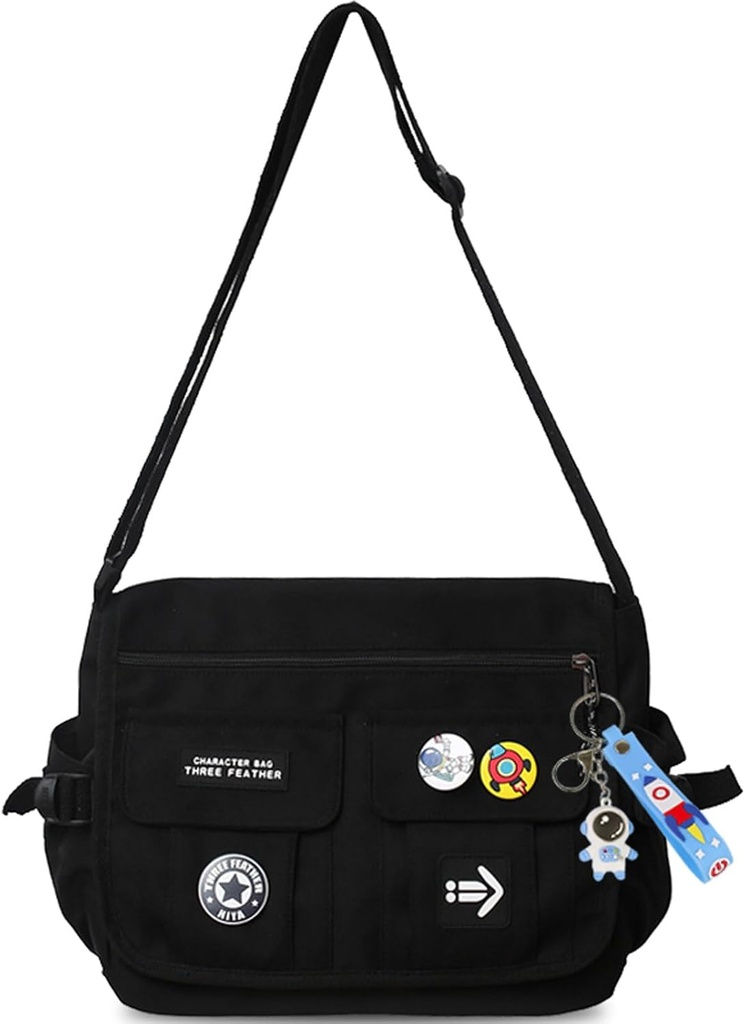 Modni Crossbody vrečka s simpatičnim priborom Nylon Casual Messenger vrečka s Pendant lahkih torbic Travel Daypacks (črna)