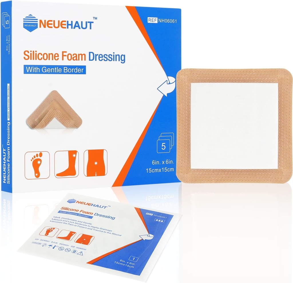 Silikonska pena oblačenje z nežnim adhezivnim robom 6'x6', bed Sore Tlak Ulcer Leg Ulcer Silicijeve rane Bandage, visoka absorbcija vodoodporna, 5 Pack by NeueHaut