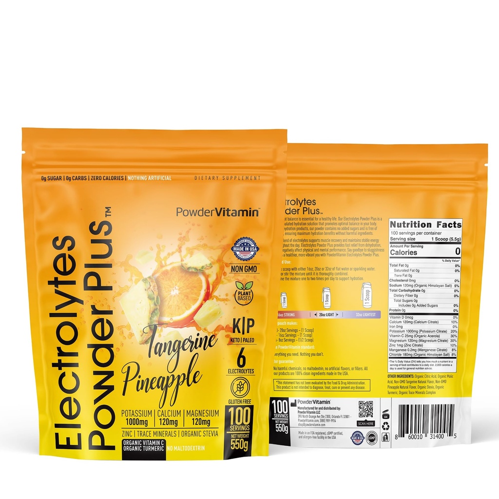 PrašekVitamin Elektroliti v prahu Plus (100 servijev) tangerin Ananas Elektrolit v prahu Zero Calorie Keto,0Sugar, brez maltodekstrina,1000mg kalij,120mg kalcij,120mg magnezij, hidracija v prahu