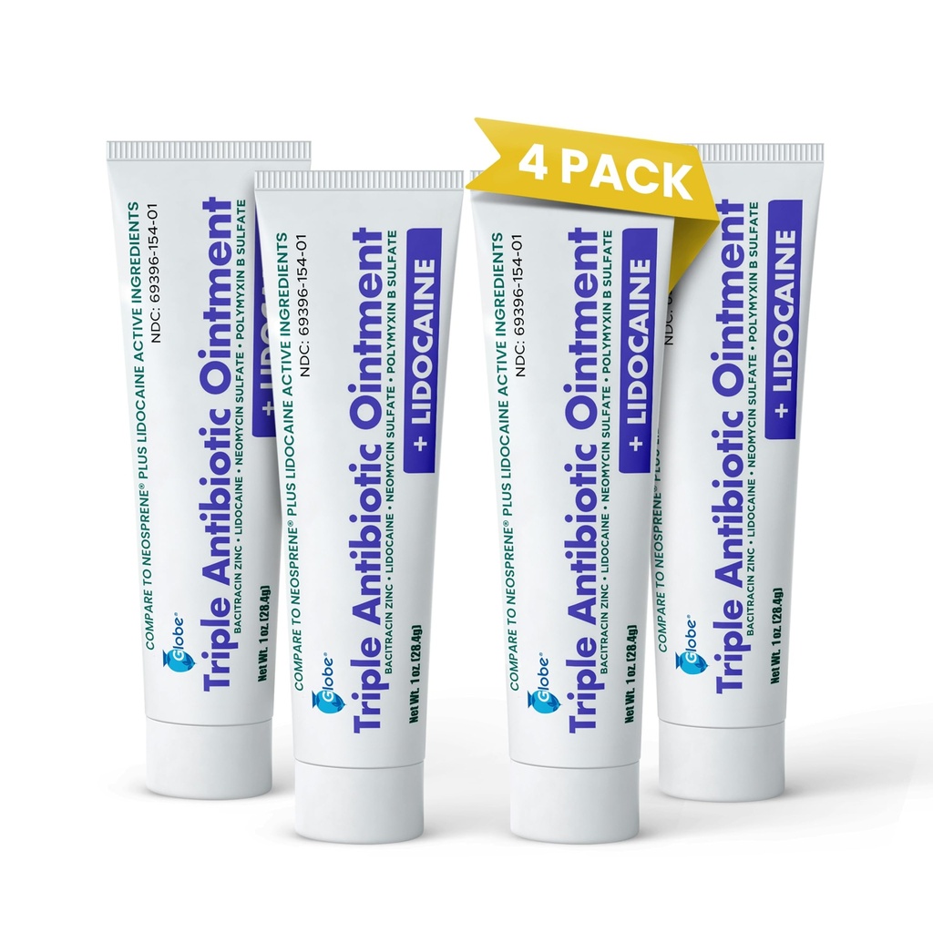 Globe (4-Pack) Lidokain prva pomoč Antibiotično mazilo 1 Oz - Maksimalna moč lajšanje bolečine in zaščita okužb - Numbs koža hitro z lidokainom - urgentna uporaba in zaščita okužb