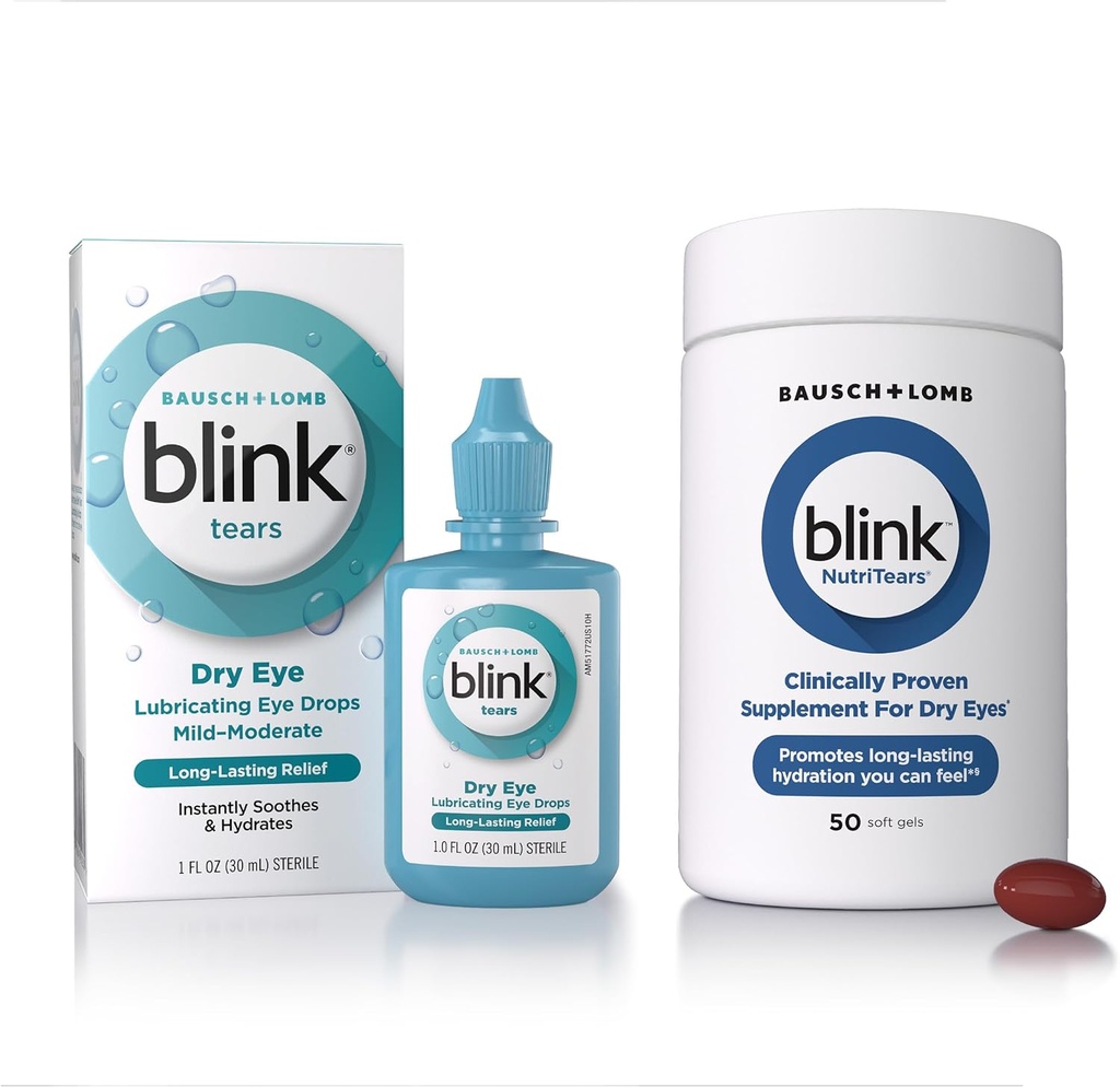 BLINK Solze Lubrikativne kapljice za oči, 1 fl oz (30 ml) Oko Nega za blage do zmerne suhe oči, Hyaluronat za povečanje hidracije NutriTears Klinično dokazano dopolnilo za suhe oči, 50 Mehkužci