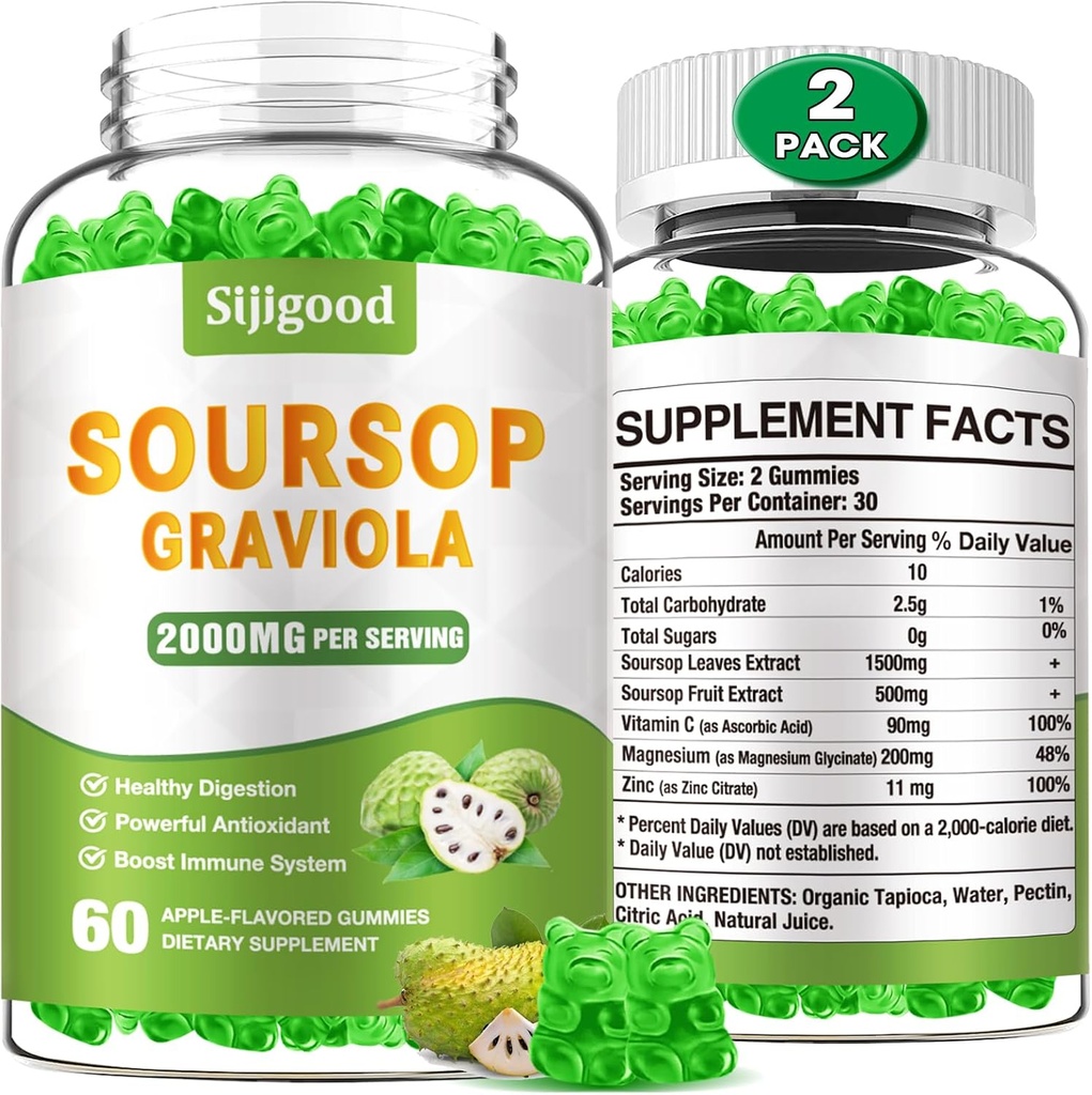 2 Pack Soursop Graviola Gumies - Organic Soursop Leaves & Fruit Extract - Prebavna pomoč, Imunska podpora & Antioksidant Lastnosti - 120 Apple arome