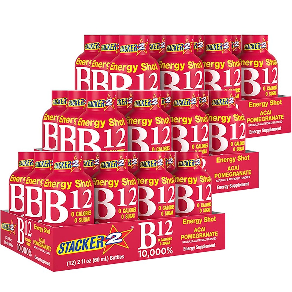 Stacker 2 Vitamin B Complex B12 B6 B3 Liquid Energy Shots - Acai & Pomegranat - Cyanocobalamin, 10.000% DRV - B-6 Pyridoxine 40mg - B3 Niacinamid (Niacin) 20mg - BASED BOX Bundle (2oz, pakiranje po 36)