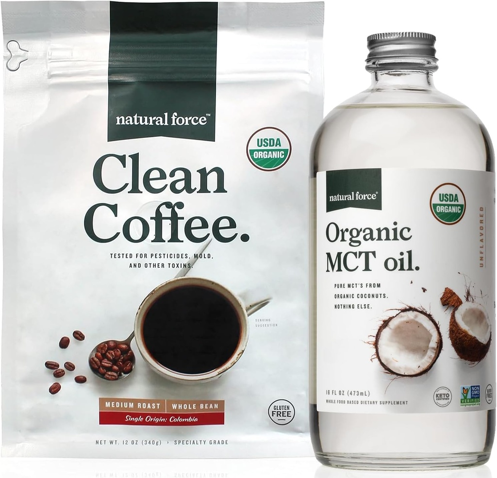 Naravna sila Ekološka čista kava + Organska MCT Oil Bundel – 100% Čista kokosova MCTs & Mold & Mycotoksin Free Coffee – Ne-GMO, Keto, Paleo in Vegan - 12 Oz Bag in 16 Oz Steklena steklenica