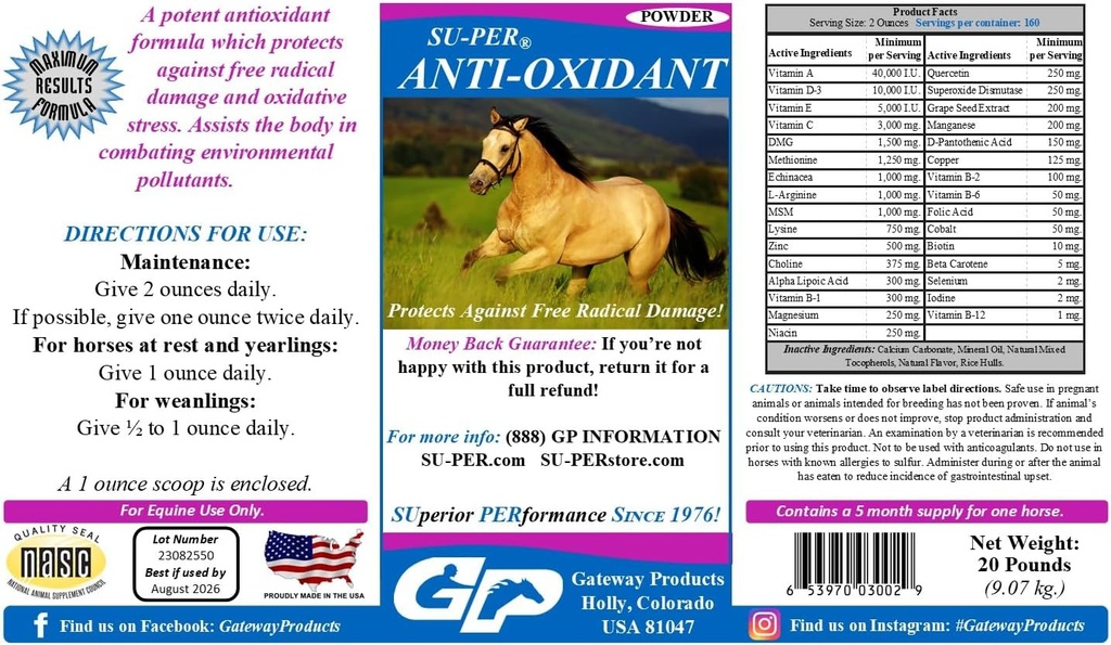 SU-PER Antioksidant dodatek za konje - Equine Vitamini & Essential Antioksidant Podpora - Boj proti okoljski onesnaževalci in oksidativni stres - 20 funtov, 5 mesecev dobave