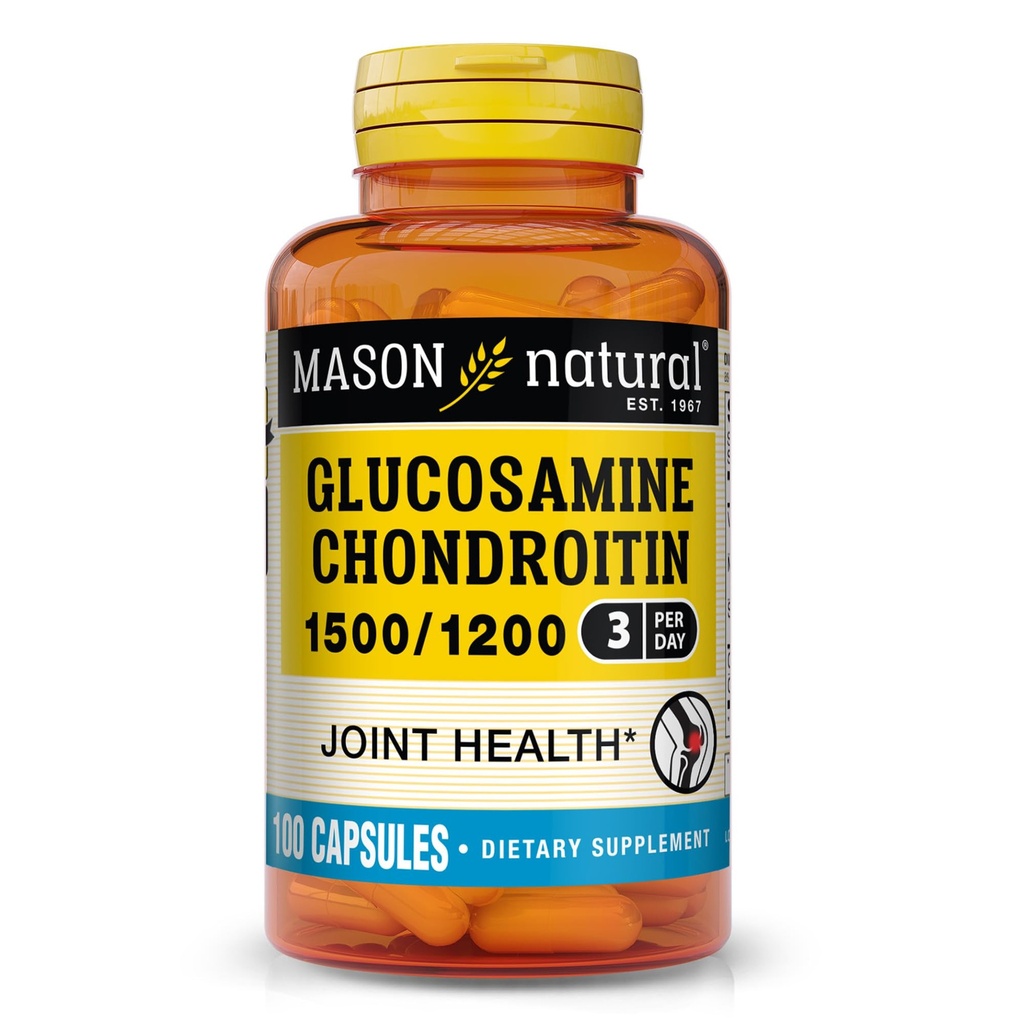 MASON NARAVNI glukozamin Chondroitin 1500/1200 z vitaminom C, podpira skupno zdravje za normalno prilagodljivost in mobilnost*, 100 kapsul, 1 mesec dobave