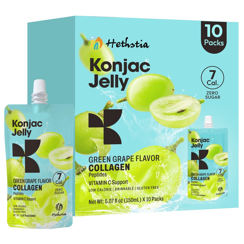 Hethstia Konjac Zelene grozdne arome, 10 vrečk, pitna grozdna želatina s kolagenskimi peptidi, 7 Kcal, brez sladkorja, brez glutena, Keto, Vegan, Žvečilni lahki prigrizki