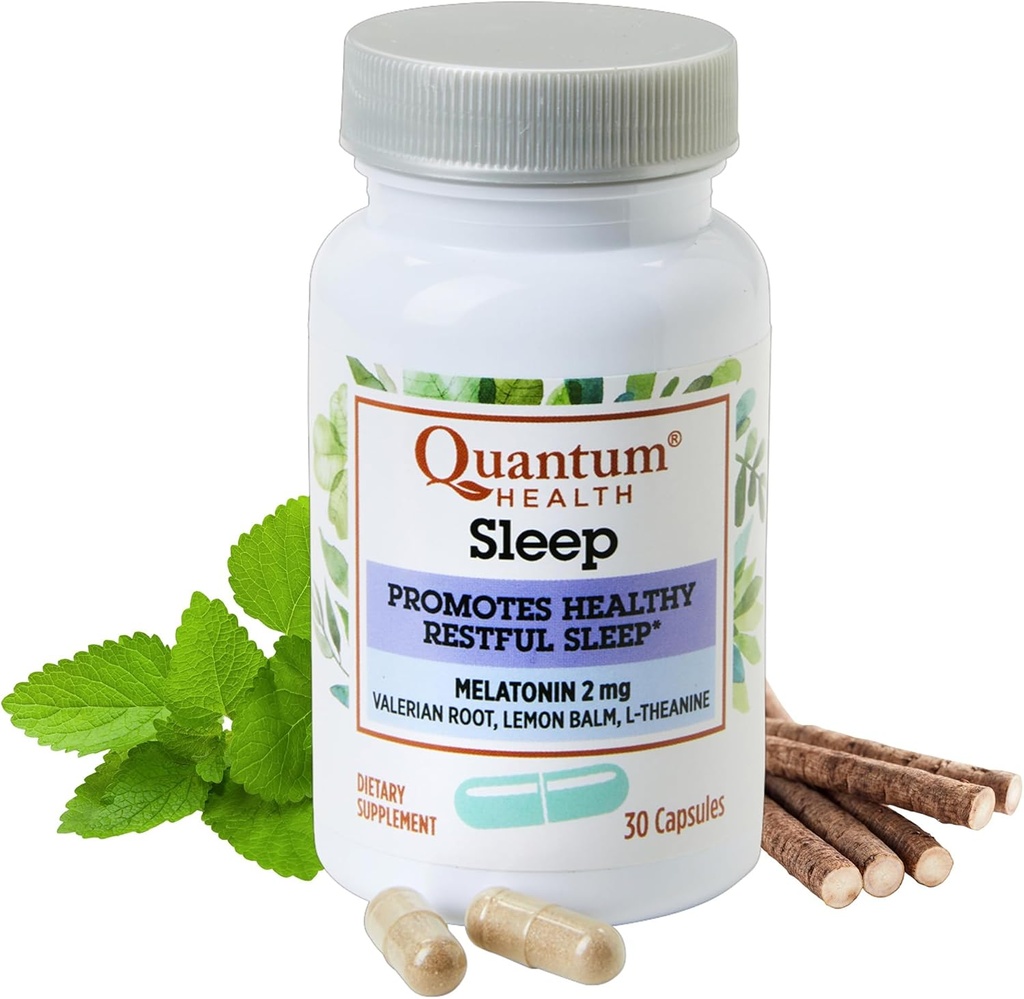 Quantum Health Sleep Melatonin 2mg Zdrava mirna podpora za spanje Mešanica z relaksirajočo Valerian Root, Lemon Balm & L Theanine Daily Mind & Body Well Bivanje za ženske in moške - 30 kapsul