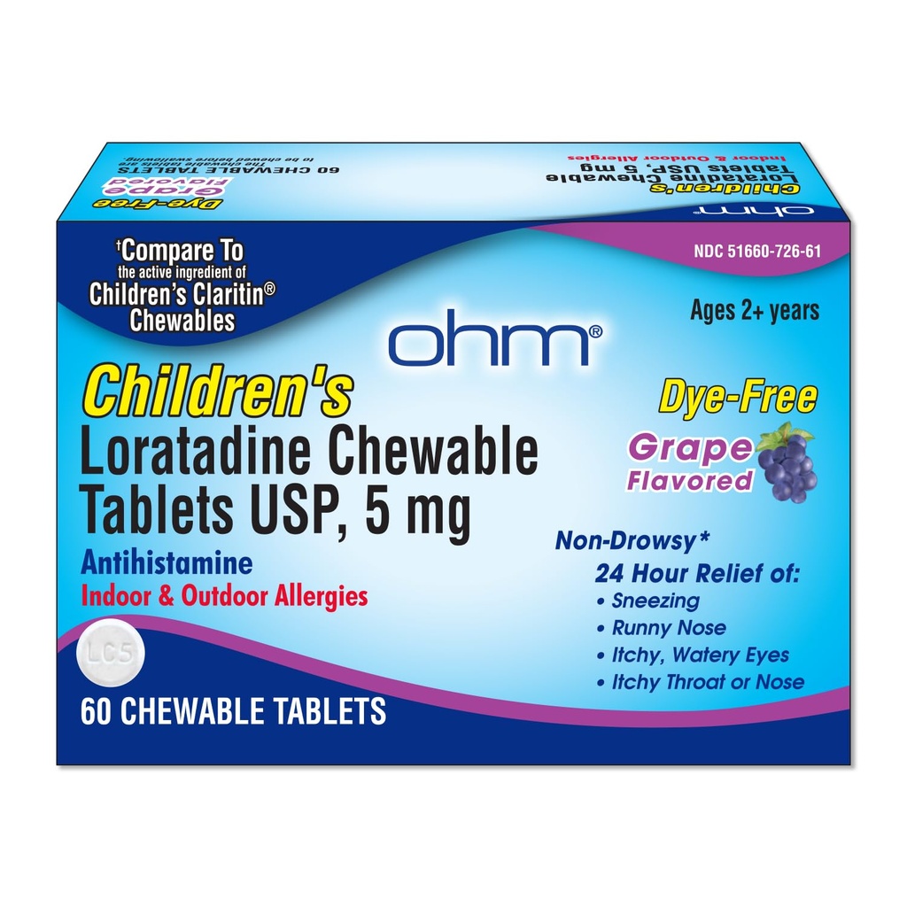 Ohm otroške loratadin žvečljive tablete, brez barvila, grozdje, neumirjanje 24h Relief Sneesing, runny nos, srbeče vodene oči, grlo ali nos, antihistaminik, notranje & zunanje alergije, 5mg, 60 tablet