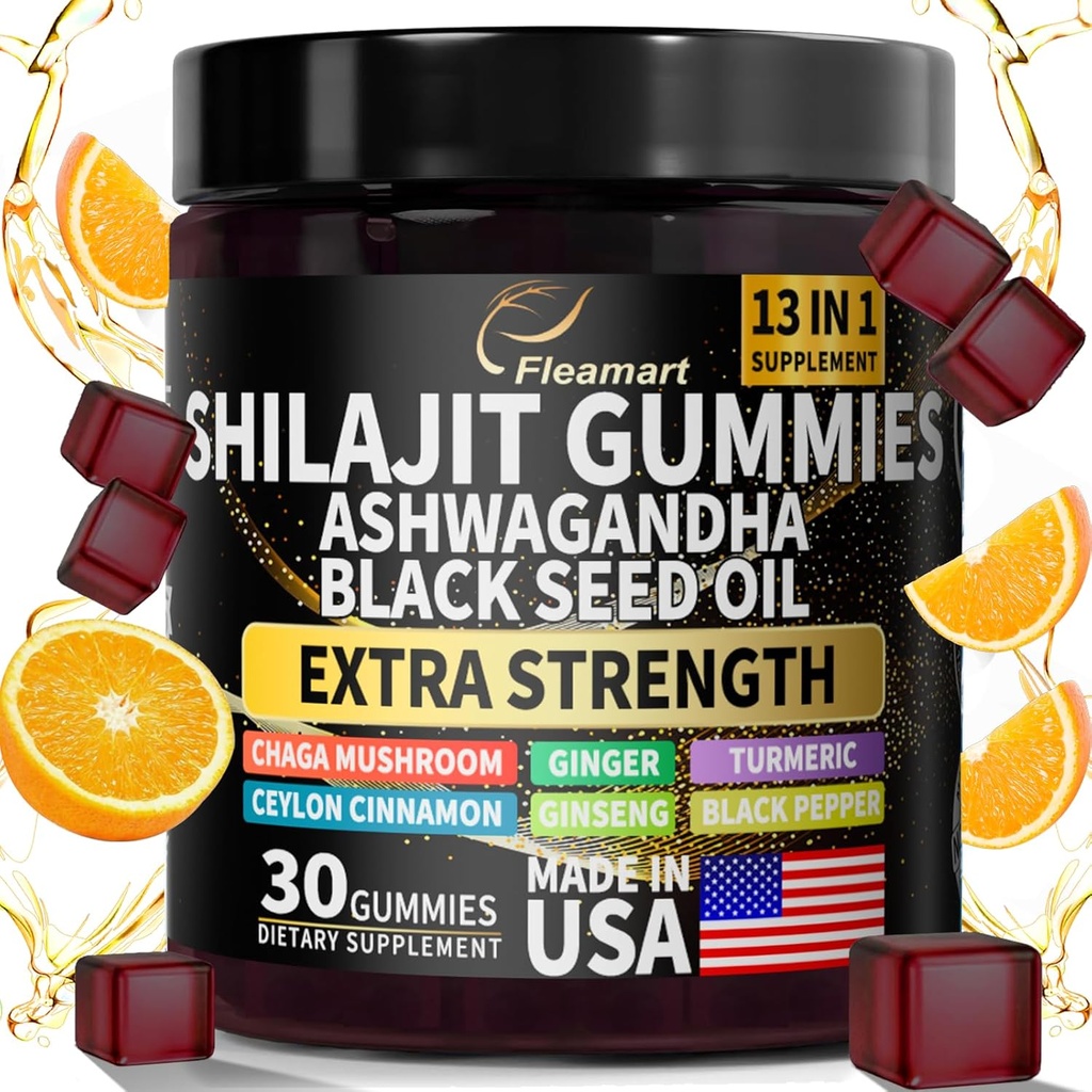 Shilajit Gummies, Shilajit Pure Himalaaan Gummies z Ashwagandha, Black Seed Oil, Sugar Free Shilajit Gummies za moške in ženske, 30 grof, Orange Flavor