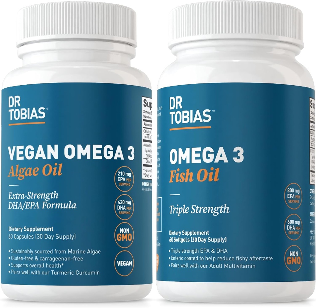 Dr. Tobias Vegan Omega 3 Algae Oil in Omega 3 ribje olje, 2 Možnosti za celovito podporo maščobnih kislin, Non-GMO