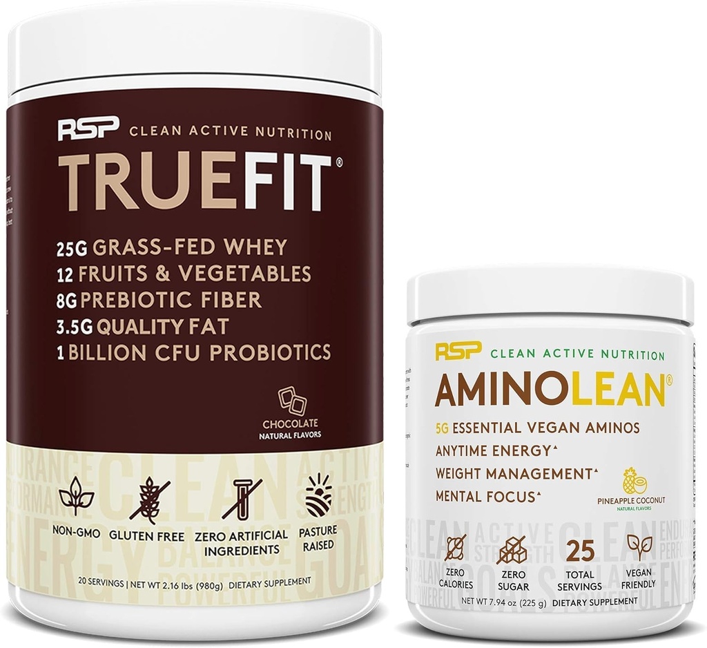 RSP NUTRITION Vegan AminoLean Pre Workout Energija (Pineapple Coconut 25 Serving) s TrueFit Protein Powder (Chocolate 2 LB)