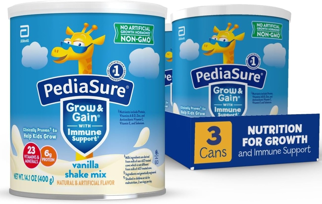 Pediasure Goy & Pridobite z Imunska podpora Tresanje Mix prašek, 23 Vitamini in minerali, 6g beljakovine, Ne-GMO, Gluten-free, Vanilla, 14,1 oz Can, pakiranje 3-24 obrokov