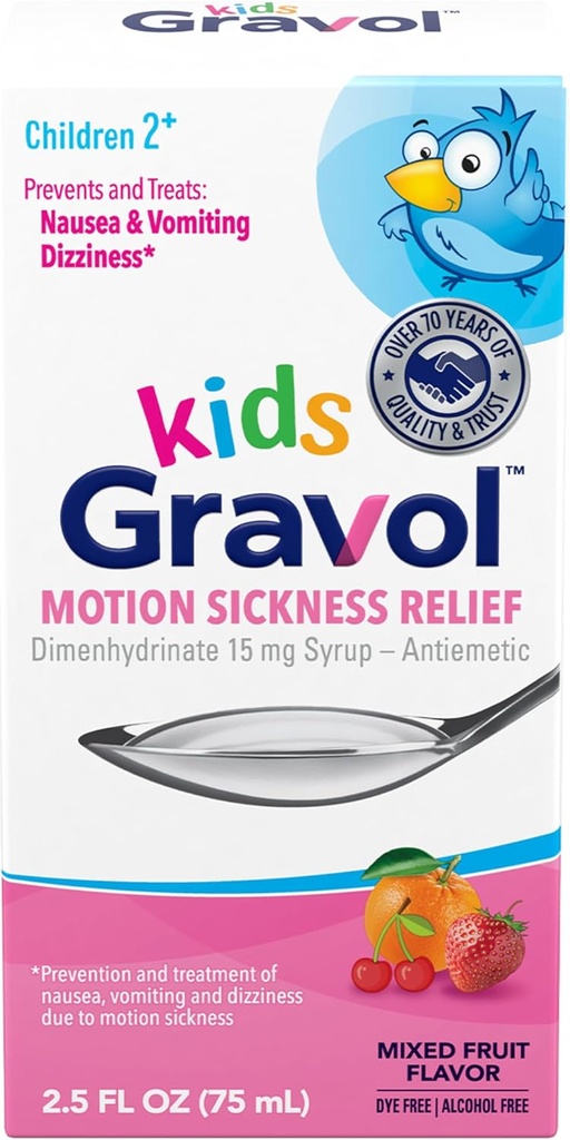 Gravol Kids Tekoči za gibanje Bolezen Relief in preprečevanje slabosti, 2,5 fl oz (75 ml)