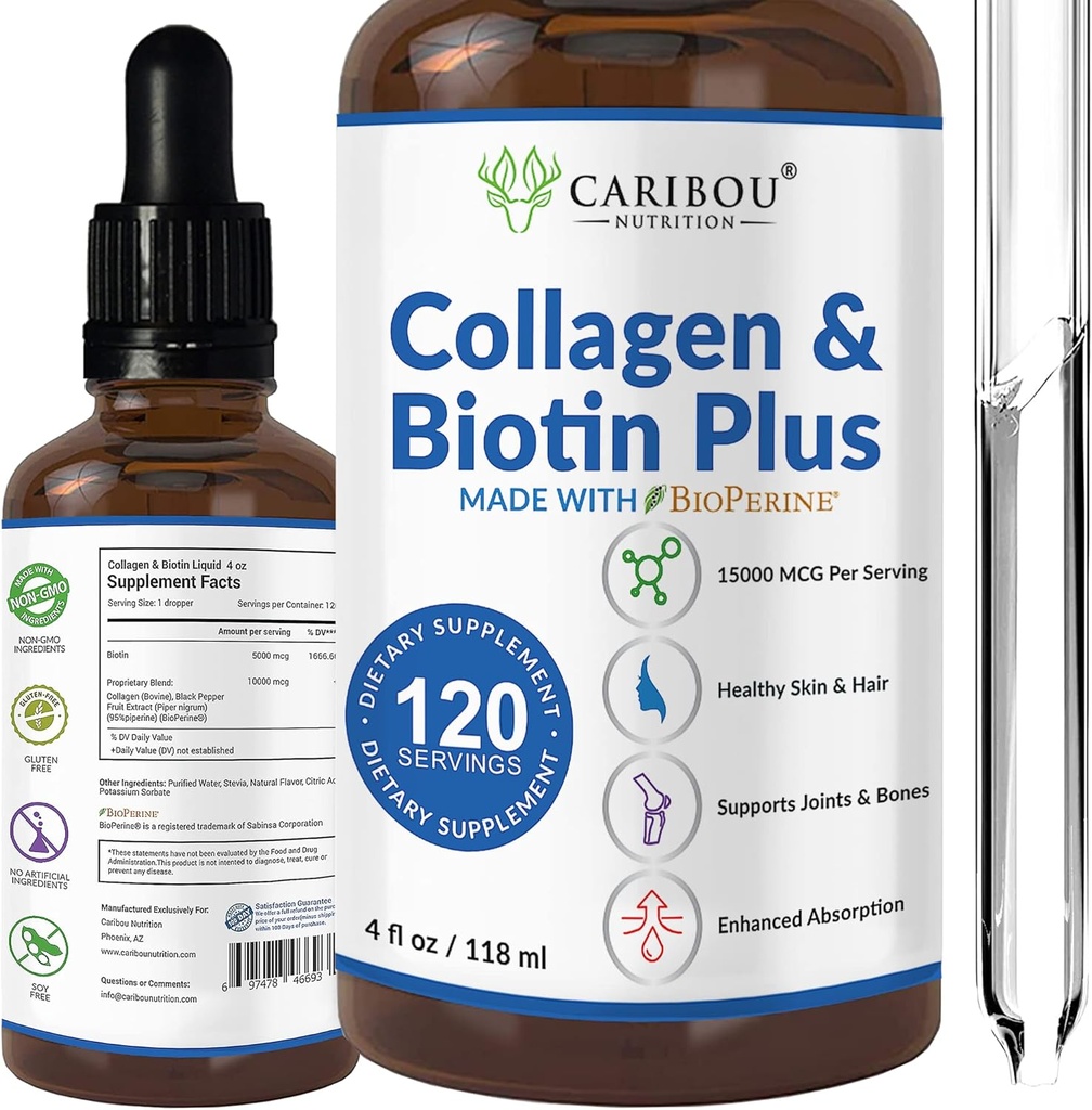 Tekoči kolagen in tekoči biotin z bioperinom za izboljšano absorpcijo - 10000mcg Kolagen Liquid & 5000mcg Biotin Liquid - Tekoči kolagen za ženske - 4-mesečna dobava biotina in kolagenskih dodatkov