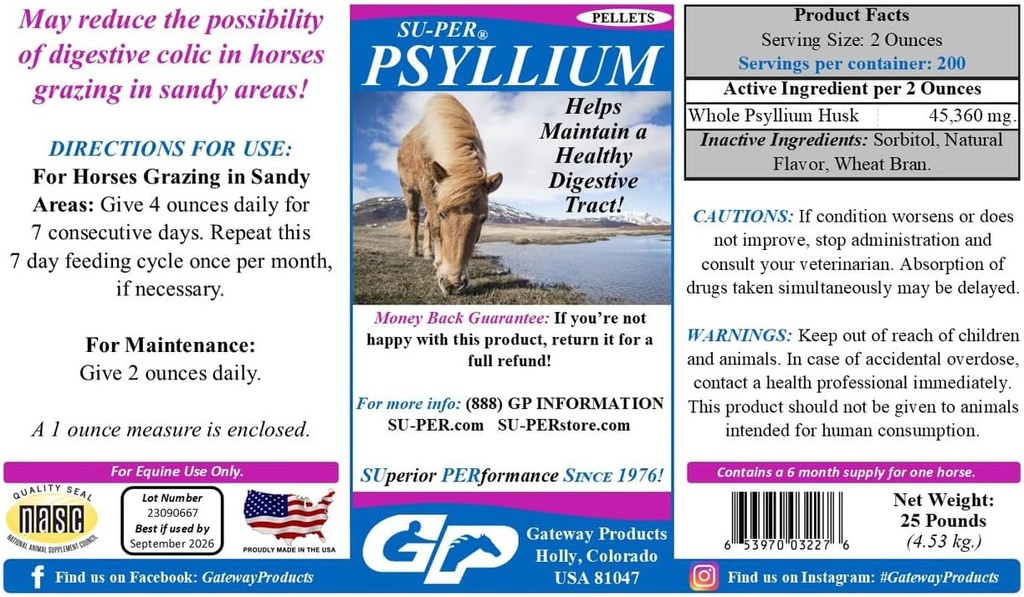 SU-PER Psyllium Pellets Equine dodatek - ohranja zdravo Prebavni trakt pri konjih - Podpira odstranjevanje peska in umazanije iz črevesnega trakta - 25 Pound, 6 mesecev dobave