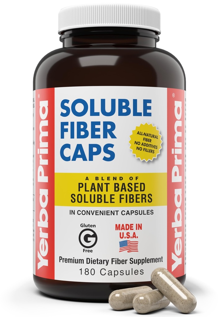 Yerba Prima Soluble Fiber Formula Kapsule, 180 Count - Premium Dietary Fiber dodatek, naravna, koncentrirana topen Fiber, Gluten Free, Non-GMO, Made in ZDA