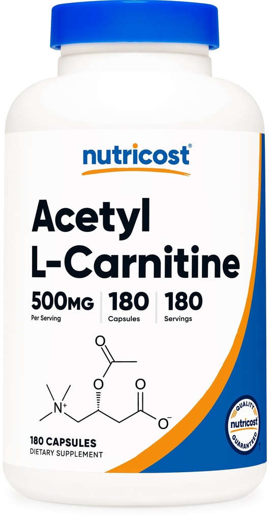 Nutricost Acetil L-karnitin (ALCAR) 500 mg, 180 kapsul, 180 serviranja - brez GMO in glutena, 1 kapsula na odmerek