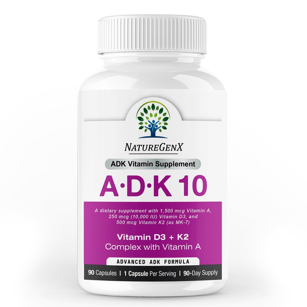 NatureGenX ADK10 – Vitamins A, D3 250 mcg & K2 MK-7 for Bone, Heart & Immune Health – Non-GMO, Gluten-Free, Soy-Free – 90 Capsules (3-Month Supply)