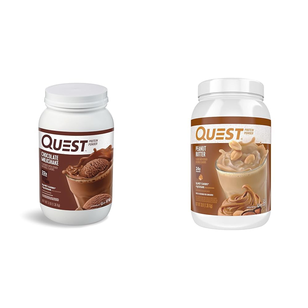 Quest Nutrition Chocolate Milkshake Protein Powder, 22g Beljakovine, 1g Sladkor, Nizki ogljikovi hidrati, Brez glutena, 3 funti, 43 Strežnice in arašidovo maslo Protein Powder, 23g beljakovine, 1g sladkor, Nizki ogljikovi hidrati, Brez glutena