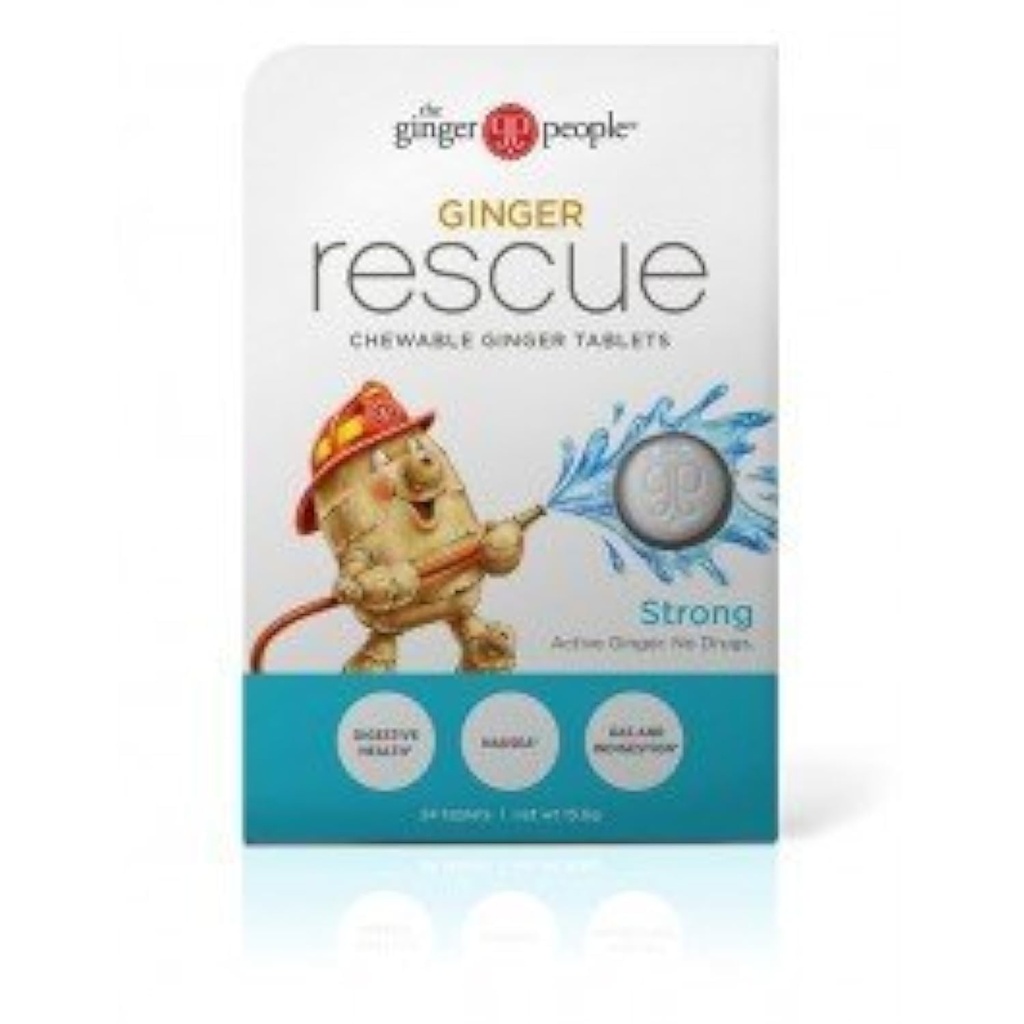 Ginger People Ginger Rescue® Žvečljive tablete brez prebavnih zdravil, 5,5 oz Žvečljive tablete, močna ingver aroma, 0,55 Oz, 10 Count Caddy (240 tablet)