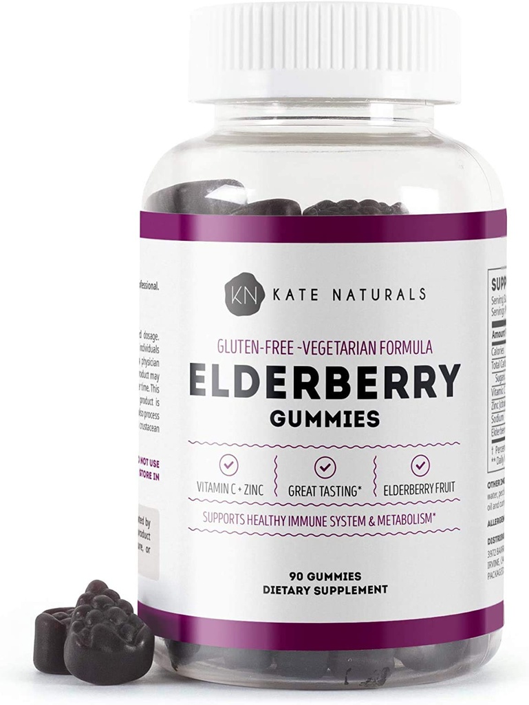 Kate Naturals Elderberry Gumies z vitaminom C in cinkom za odrasle in otroke. Okusen Sambucus Bezgove jagode za imuno podporo (90 Gummies, 45 dnevna zaloga)