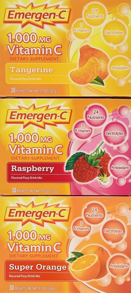 Emergen-C 1.000 mg Vitamin C Prehranska dopolnila napitek Mix, Super Orange/Raspberry/Tropical, 90 Packets, Net Wt. 28.5 oz.