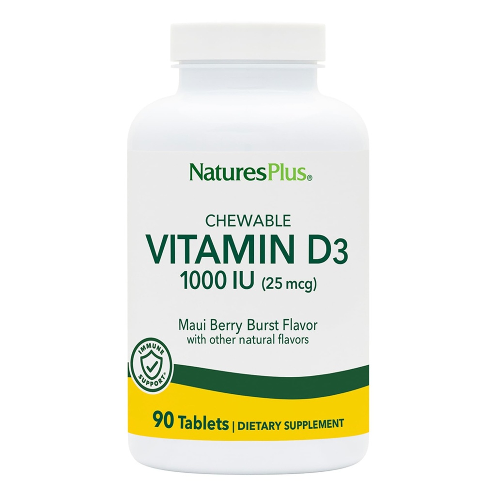 NaturesPlus Vitamin D3 (1000 i.e.) - 90 žvečljive tablete, Maui Berry burst aroma - vegetarijanska, Gluten prost - 90 postrežbe