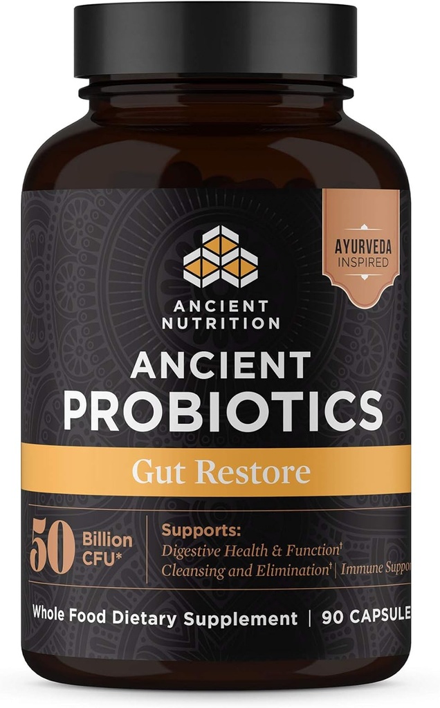 Ancient Nutrition Probiotics, Gut Restore 90ct z Ginger in Fenugreek, Podpira prebavne funkcije, zmanjšuje drisko, zaprtje, plin in napenjanje, Superfoods Mešanica, 50 milijard CFUs*/Serving