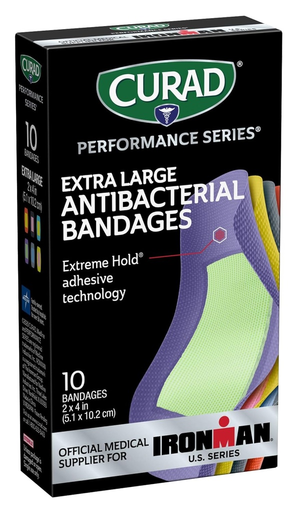 CURAD Performance Series IRONMAN Antibakterijski Bandages, Extreme Hold Adhesive Technology, Extra velike fleksibilne Fabric Bandages za cuts, Scrapes, & Burns, Razvrščene barve, 2 x 4 palcev, 10 Štetje