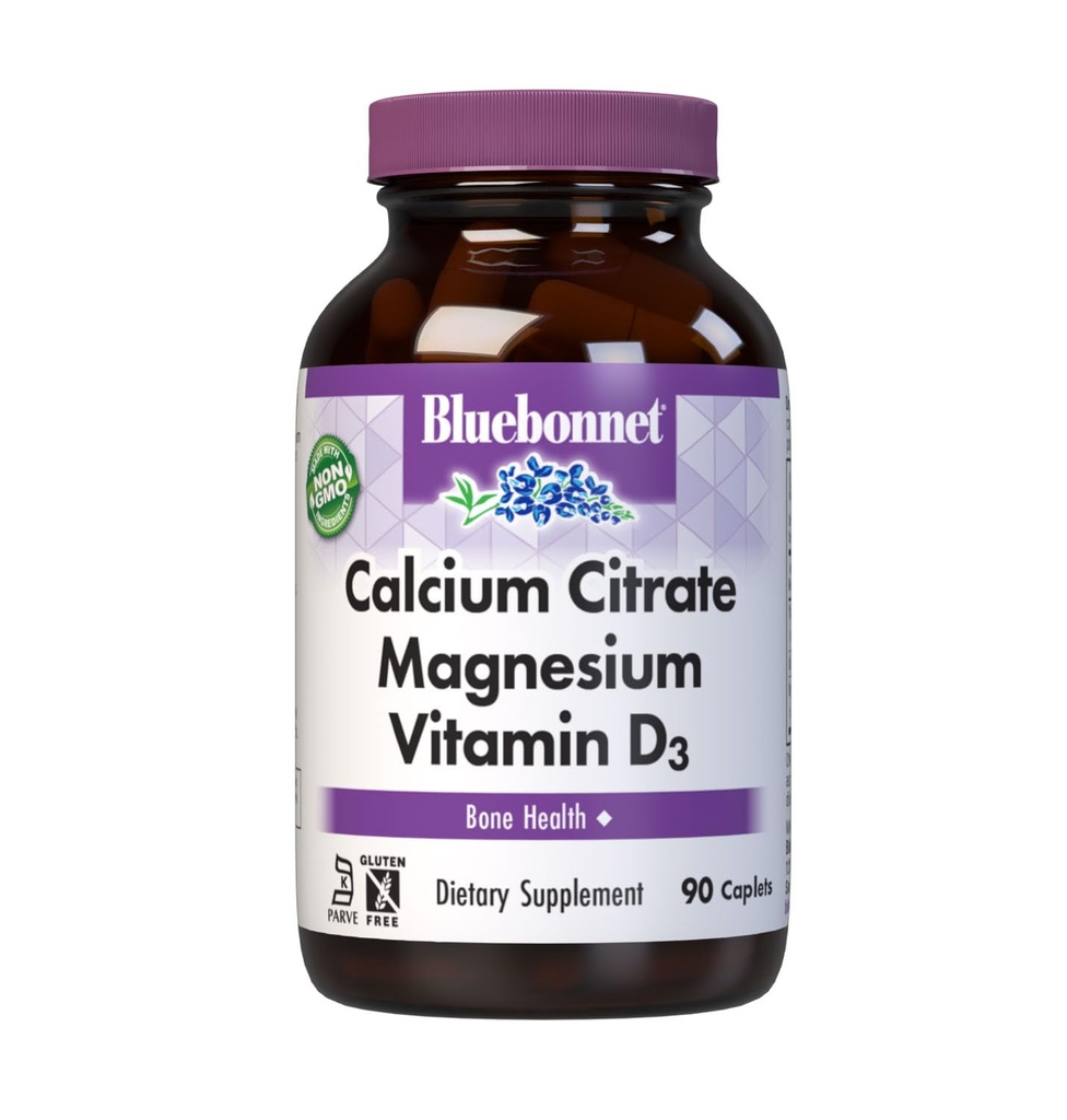 Bluebonnet Nutrition Kalcijev Citrat Magnezij Plus Vitamin D3 Kapleti, Zdravje kosti in mišice Sprostitev, Ne GSO, Gluten, Soja in mleko brez, Košir, Bela, 90 Število