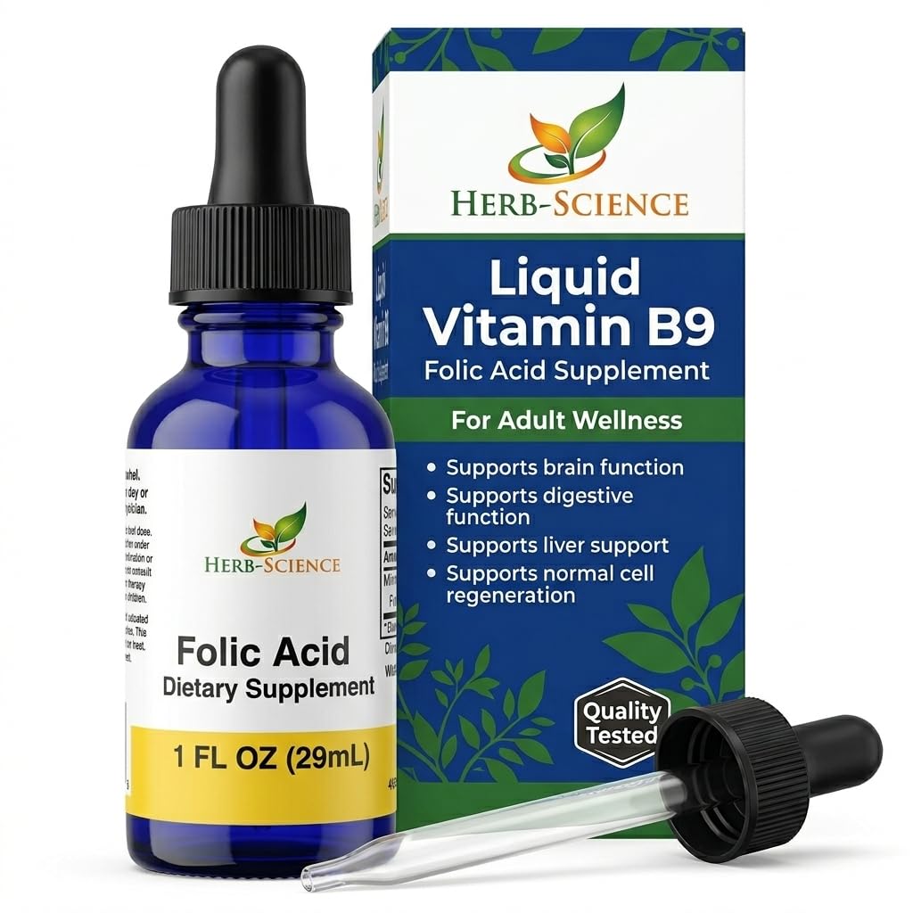 Tekoči vitamin B9 Folna kislina Dodatki - VIT B Kapljice za možgane in prebavne funkcije, Jetrna podpora - Gluten-free, Non-GMO, Vegan - Hranilna dopolnila za odrasle - 1 fl. oz.