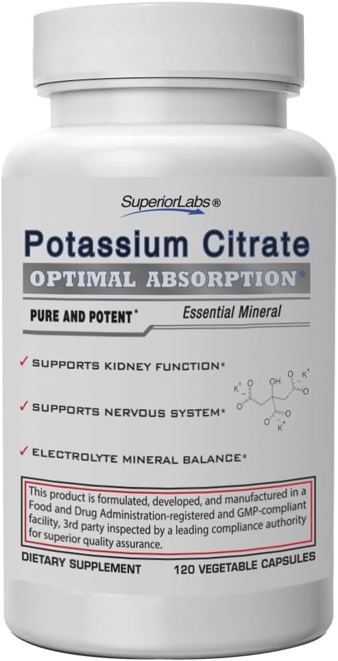 Superior Labs Kalijev citrat 100 mg, Čisti ne-GMO elektrolitski mineral, brez dodatkov, Ledvični kamen in pH podpora, Mišični krč Relief, Srce in živec Funkcija, Alkalizacijsko ravnovesje, 120 Veg kape