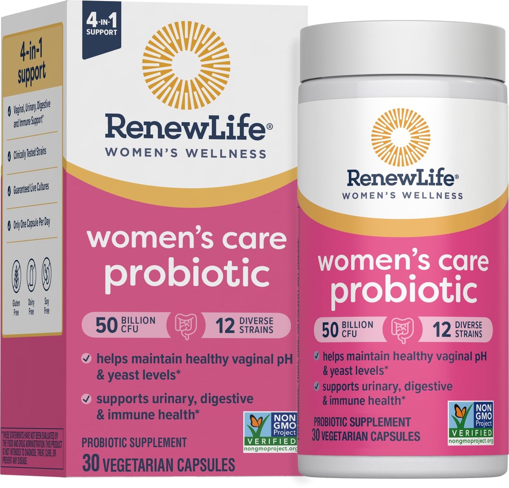 Renew Life ženske probiotične kapsule, 50 milijard CFU zajamčena, podpira pH ravnovesje, vaginalne, urinarne, prebavne in imunskega zdravja(2), L. Rhamnosus GG, Mlečni, Soja in Gluten-free, 30 Število