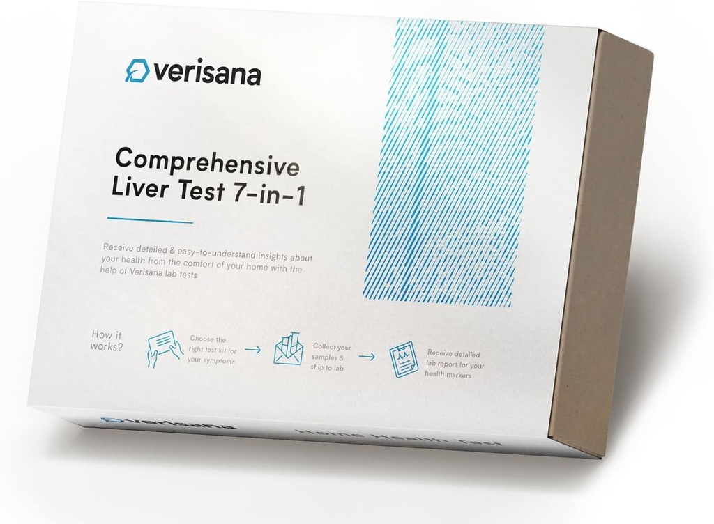 Verisana Test za jetra – pregled zdravja in delovanja jeter na domu – 7 biomarkerjev, vključno z AST, ALT, GGT, razmerjem AST/ALT, HbA1c, HsCRP, TBILI – CRIA-Certified Lab