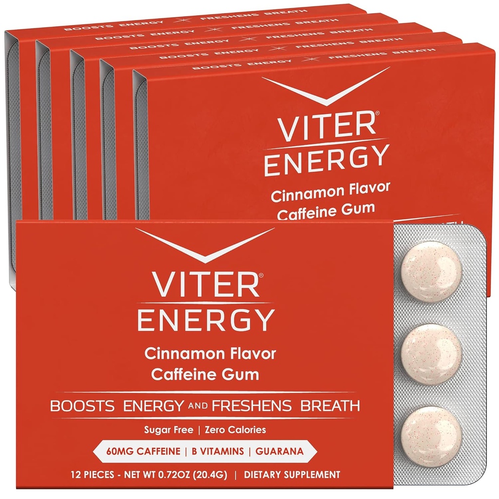Viter Energija kofeina gumi 60mg kofeina, B vitamini, Guarana, brez sladkorja. (Cinnamon, 12kos, 6 Pack)