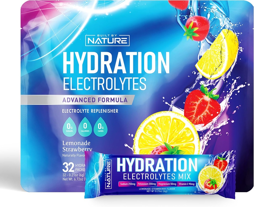 Elektroliti v prahu Hydration Packets – Recovery Drink Mešanica z natrijem, Kalijem, Magnezij, Kalcij, Vitamin C & cink – Brez sladkorja, Keto, Non GSO & Vegan – Jagodna limonada – 32 palic
