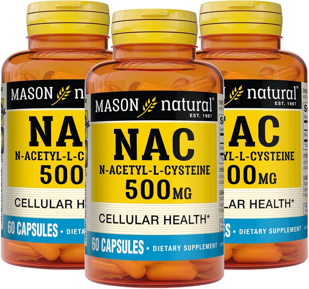 Mason Natura NAC N, Acetil,L,Cysteine 500 mg, oskrba 6 mesecev, podpira normalno celično zdravje, poživitveni imunski sistem za splošno dobro počutje, 3 pakiranja