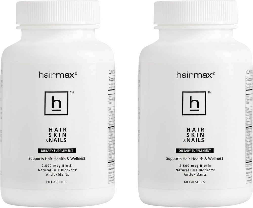 Hairmax za lase, kožo in nohte prehransko dopolnilo – izpadanje las in ponovno rast las zdravljenje za ženske in moške. Vsebuje 2500mcg Biotin, DHT bloker, MSM & antioksidanti, Pakiranje 2 steklenice