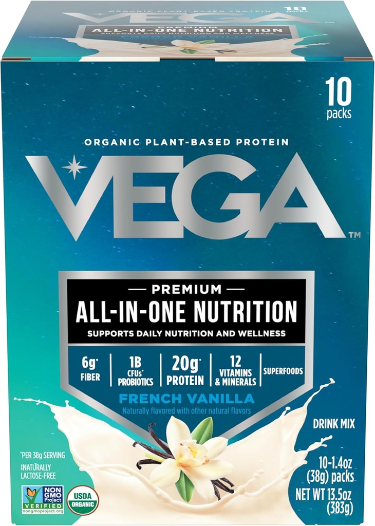 Vega Organic All-in-One Vegan Protein Powder, Francoska Vanilla - Superfood sestavine, Vitamini za podporo imunitete, Keto prijazno, Pea Protein za ženske in moške, 13.5 oz (Packaging May Vary)