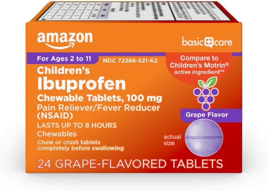 Osnovna nega otrok ibuprofen žvečljive tablete 100 mg, grozdni arome, bolečine Reliever in znižanje vročine (NSAID), za boleče grlo, zobobol, glavobol olajšave in več, 24 Število