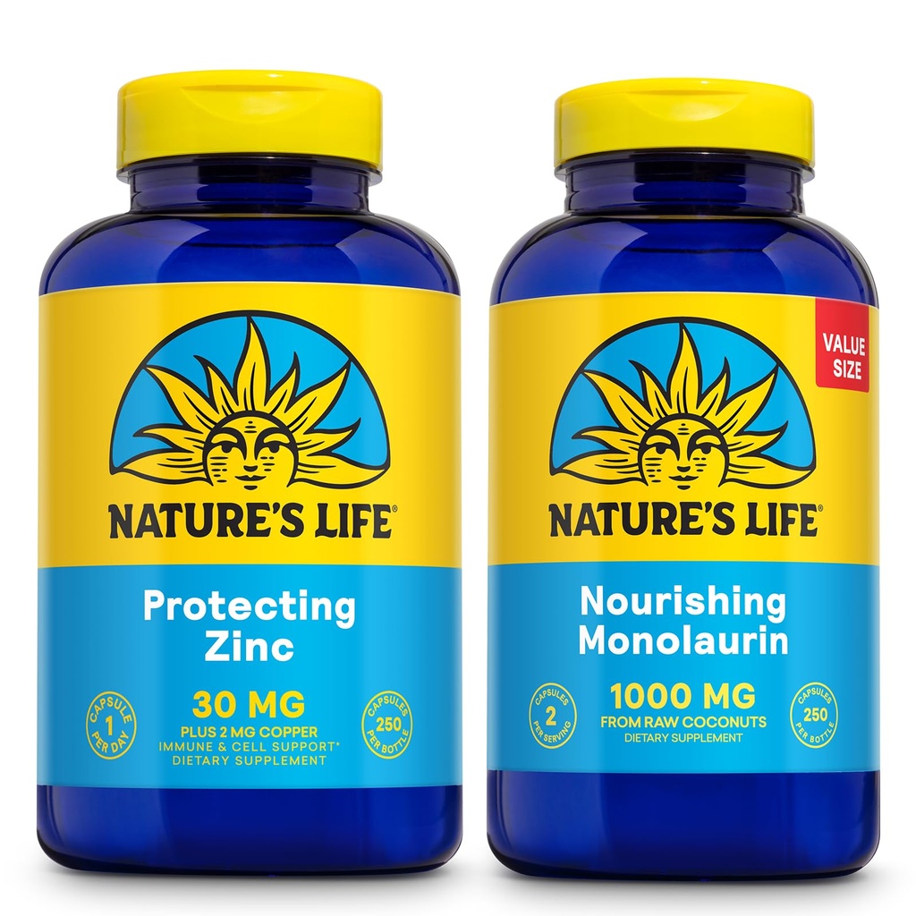 Nature's Life Nourishing Monolaurin 1000mg 250ct and Protecting Zinc Picolinate 30mg 250ct - Gut Health and Immune Support Supplements - Monolaurin from Raw Coconuts, Chelated Zinc - 60-Day Guarantee