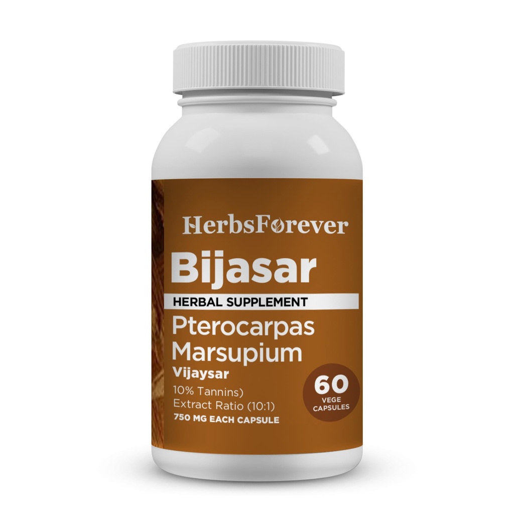 HerbsForever Bijasar(Indian Kino Tree, Malabar Kino)-ekstra jakost(10:1) Ekstrakt,Equiv.to 4800mg Bark Powder Per Serving-Liver Podpora in razstrupljanje krvni sladkor & čistost10% Tanini <60 Veg Kapsule < 800mg