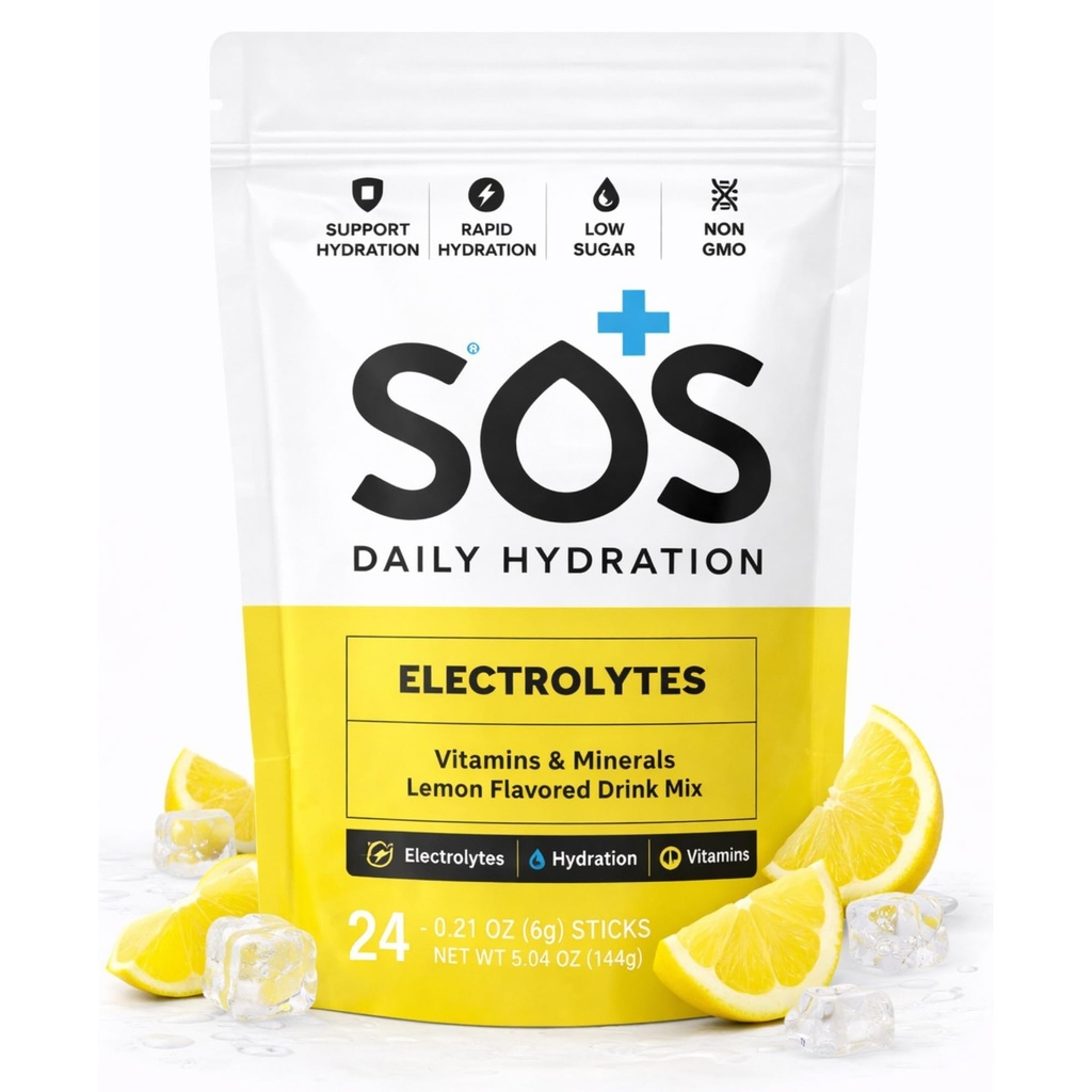 SOS Hidracija Elektrolitna pijača Mix – 24 Serving, z esencialnimi vitamini – Nizkokalorična, nizek sladkor, Keto-prijateljska hidracija dodatek - Lemon